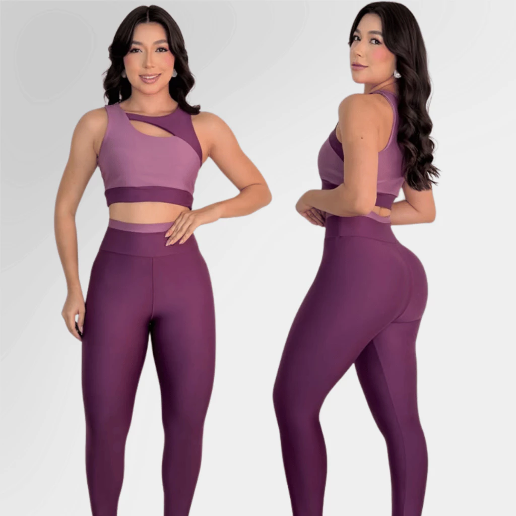 Conjunto Fitness Bicolor Feminino Top Assimétrico e Calça Legging Cintura Alta para Academia — imagem 1