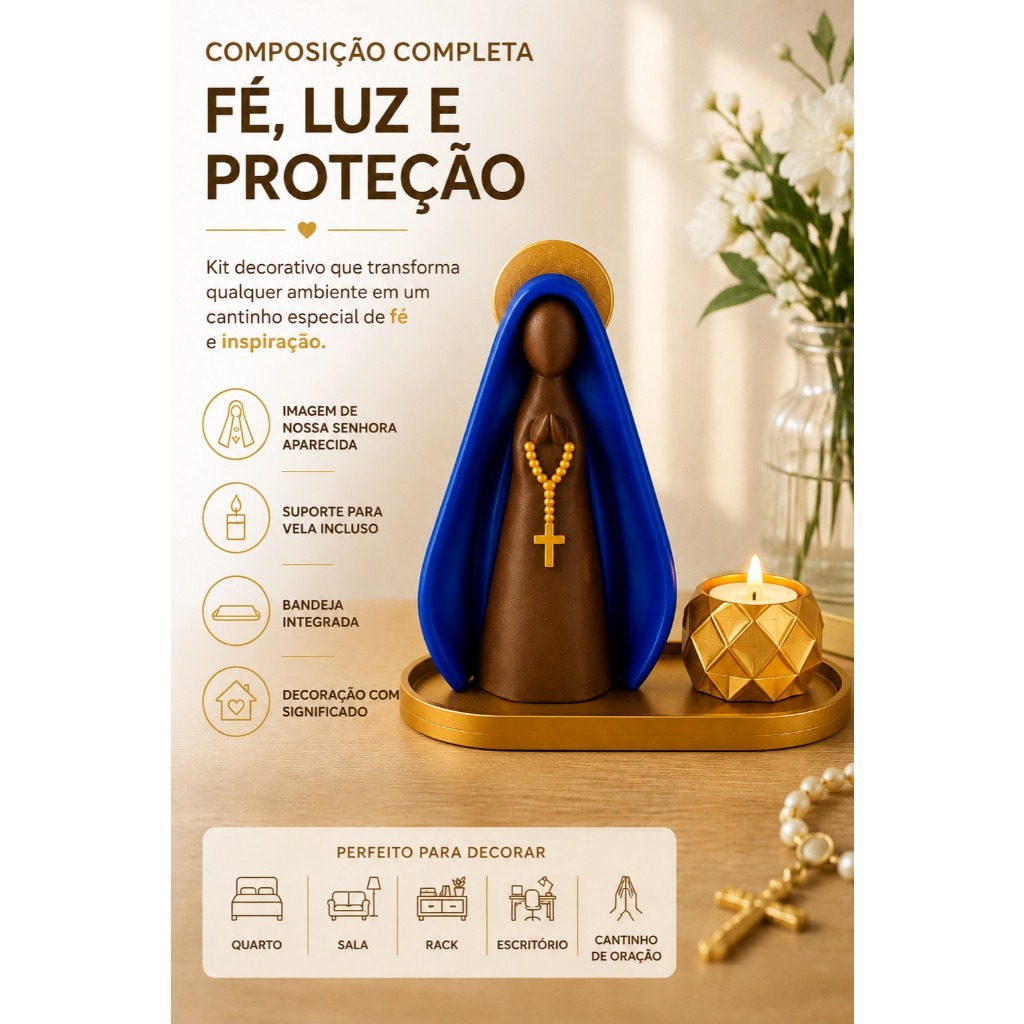Kit Nossa Senhora Aparecida Escultura com Bandeja e Porta-Vela Decoração Religiosa Minimalista Presente Fé