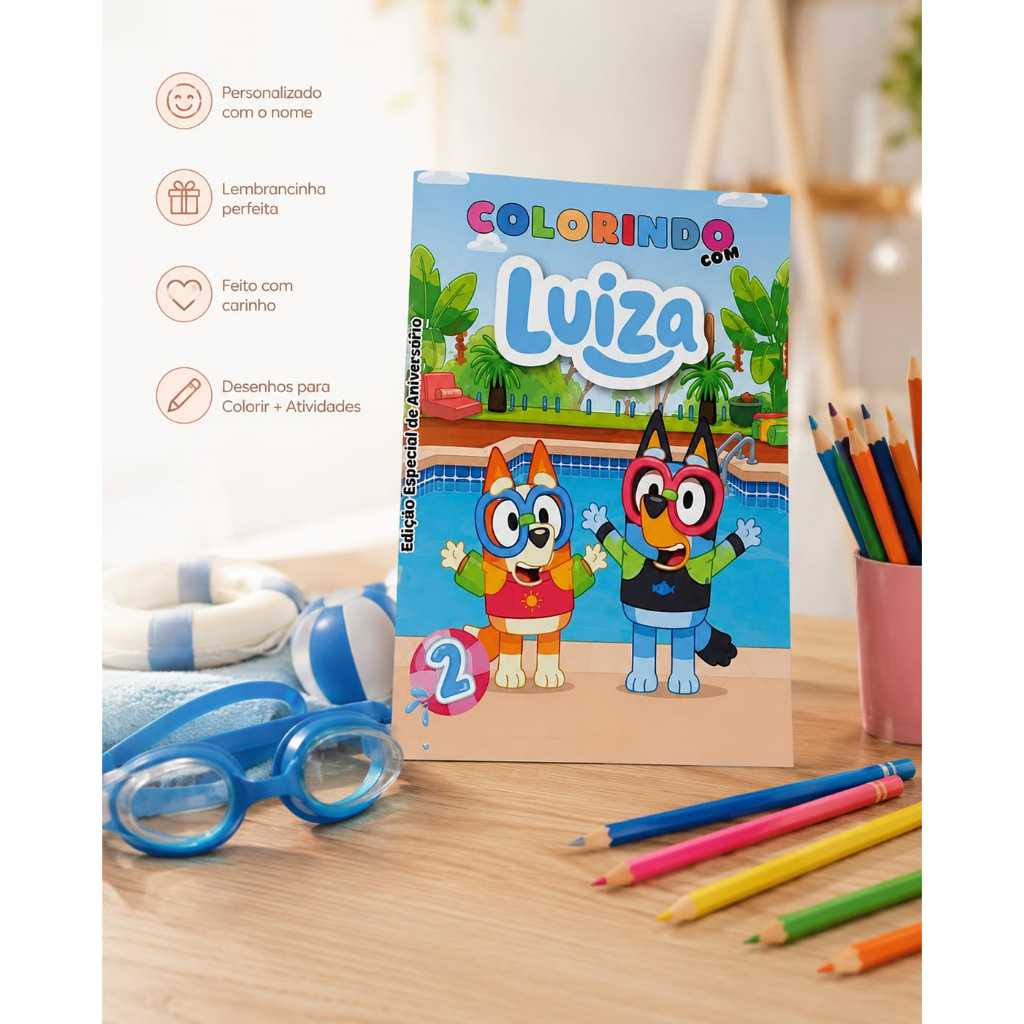 Mini Livrinho de Colorir com Atividades Bluey Piscina Personalizado Lembrancinha Aniversário Infantil - Todos os Temas
