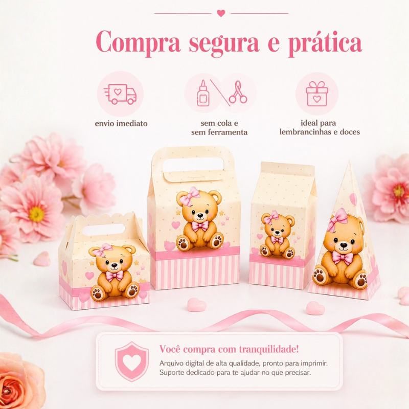 Kit 20 Lembrancinhas Ursinhos Azul e Rosa Caixinhas Festa Infantil e Chá de Bebê Mimo