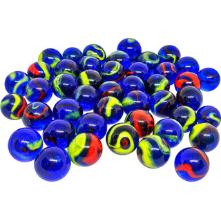 bolinha de gude, vidro, fubeca para decoração azul com listras vermelha e amarela 50 unidades - 16MM DIÂMETRO