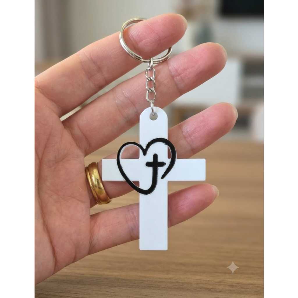Chaveiro Religioso Cruz Coração Jesus Fé Branco e Preto Lembrancinha Evangélico Católico Presente Impressão 3D