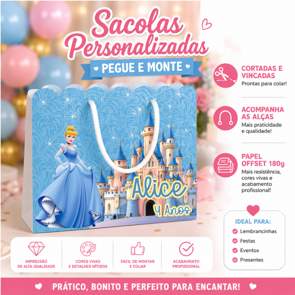 Sacola Personalizada Cinderela | Sacola Lembrancinha Cinderela | Sacola Personalizada Aniversário | Cinderela