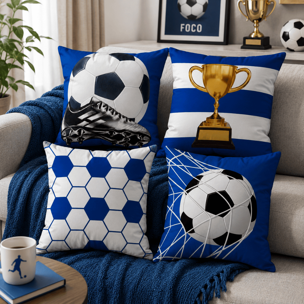 Kit 4 Capas de Almofadas Futebol Bola Azul Decorativas Para Quarto Infantil Menino