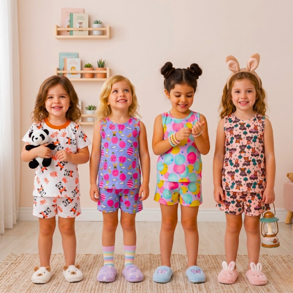 Kit 3 Roupa de Dormir Infantil Menina Verão Pijama em Algodão Estampado e Colorido 1 ao 16 anos