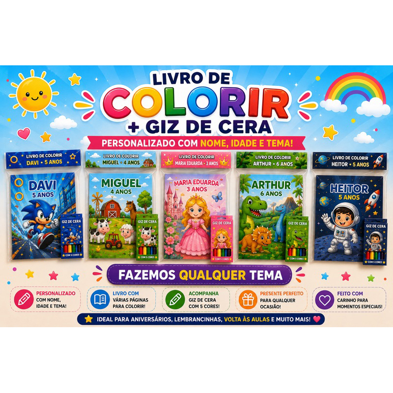 Livro de Colorir Personalizado com Nome + Mini Giz | Lembrancinha Festa Infantil Aniversário Vários Temas Menino Menina