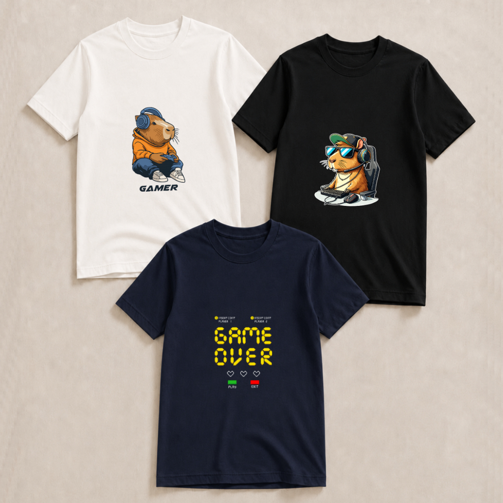 Kit 3 Camisetas Infantil para Menino Estampa Gamer de Capivara 100% Algodão