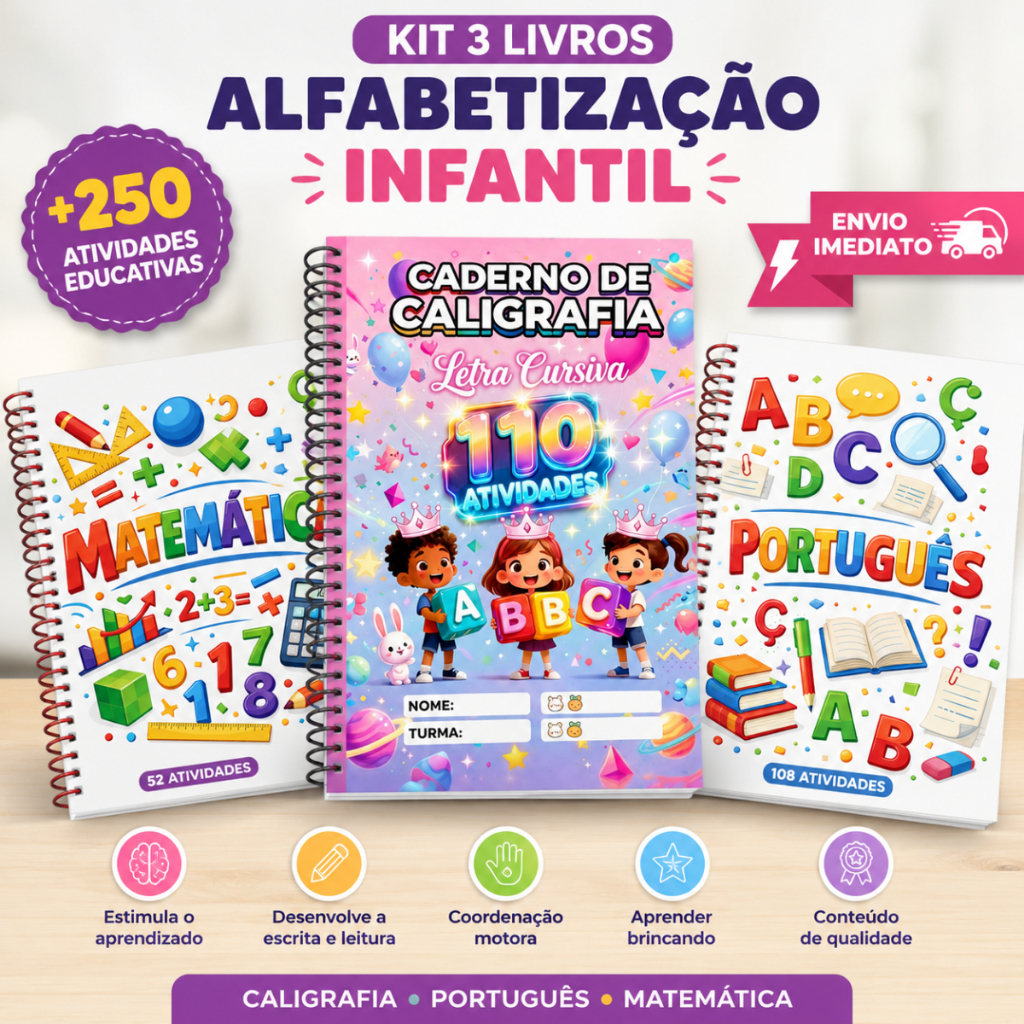 KIT COMPLETO ALFABETIZAÇÃO caderno de caligrafia português matemática livros infantil