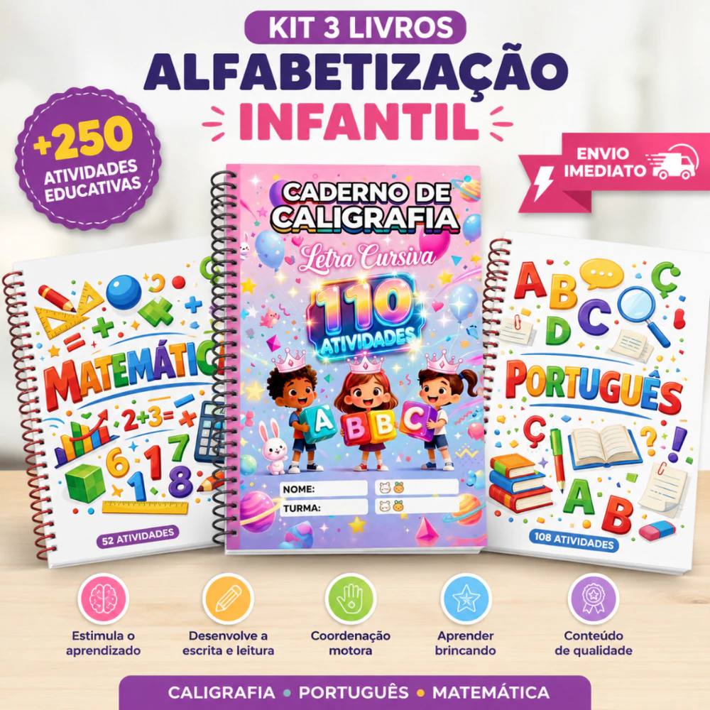 KIT COMPLETO ALFABETIZAÇÃO caderno de caligrafia português matemática livros infantil