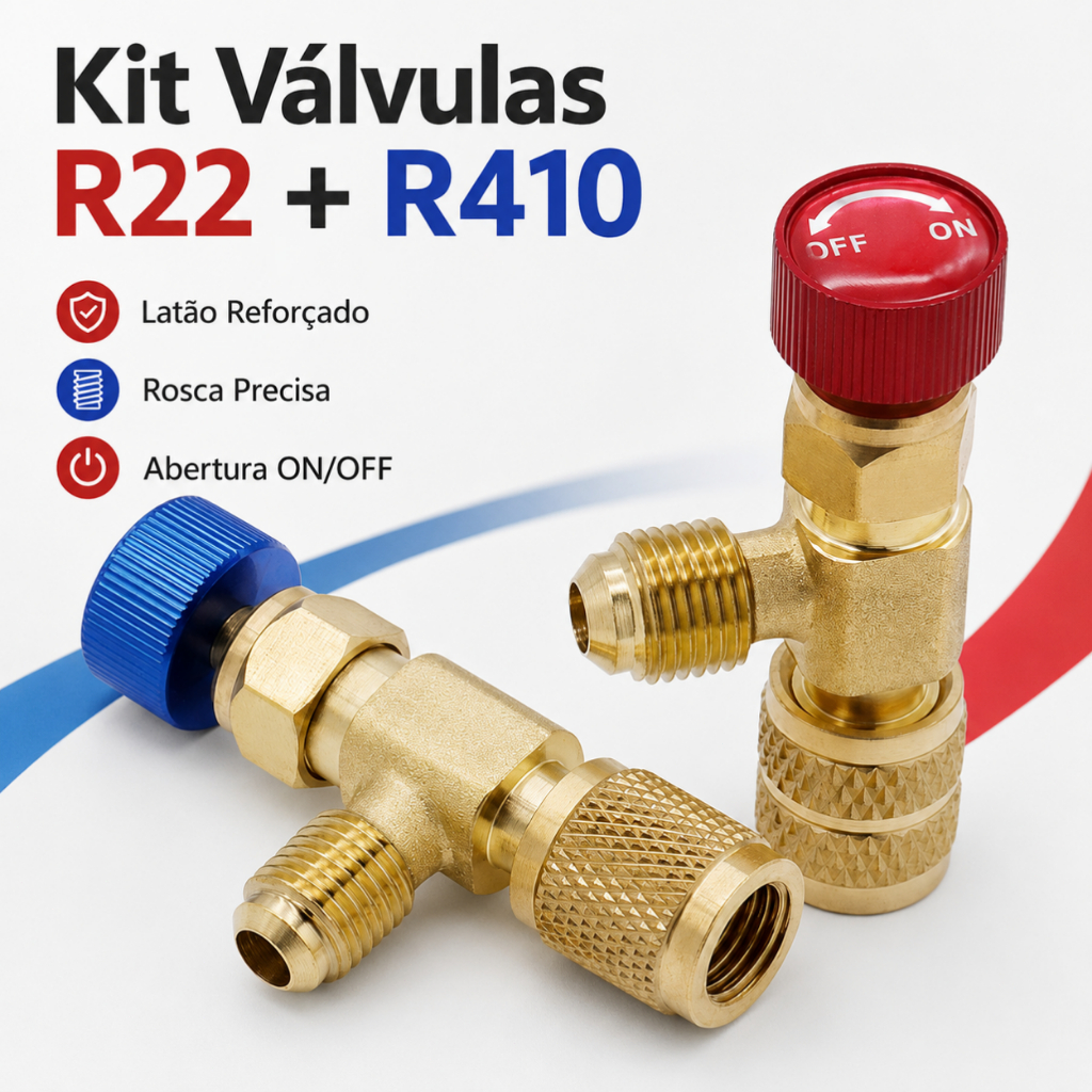 Kit 2 Válvulas R22 R410 Para Ar Condicionado Latão Reposição de Gás Rosca 1/4 e 5/16 ON/OFF