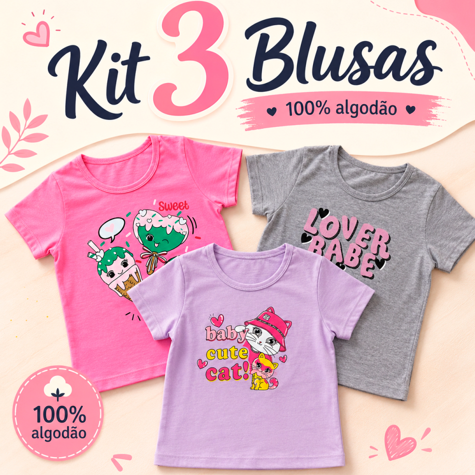 Blusa Infantil Feminina 3 Peças 100% Algodão Macio e Confortável Verão