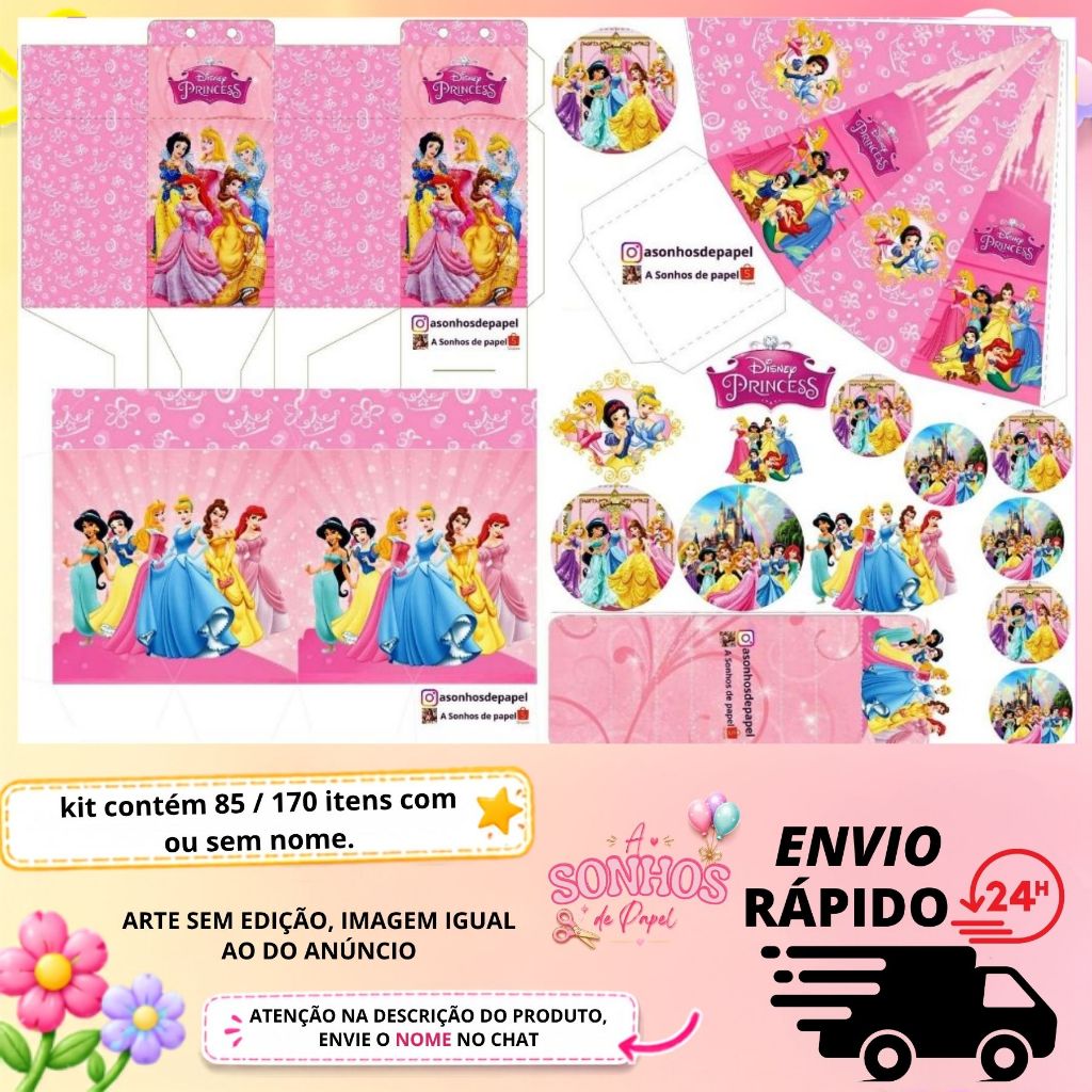 KIT COM 85 OU 170 ITENS LEMBRANCINHA PERSONALIZADA - TEMA: PRINCESA DISNEY ADULTA l ENVIO RAPIDO