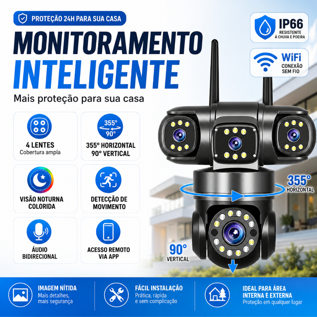 Câmera de Segurança WiFi 3 Lentes 6MP 360° PTZ IP66 Visão Noturna Áudio App