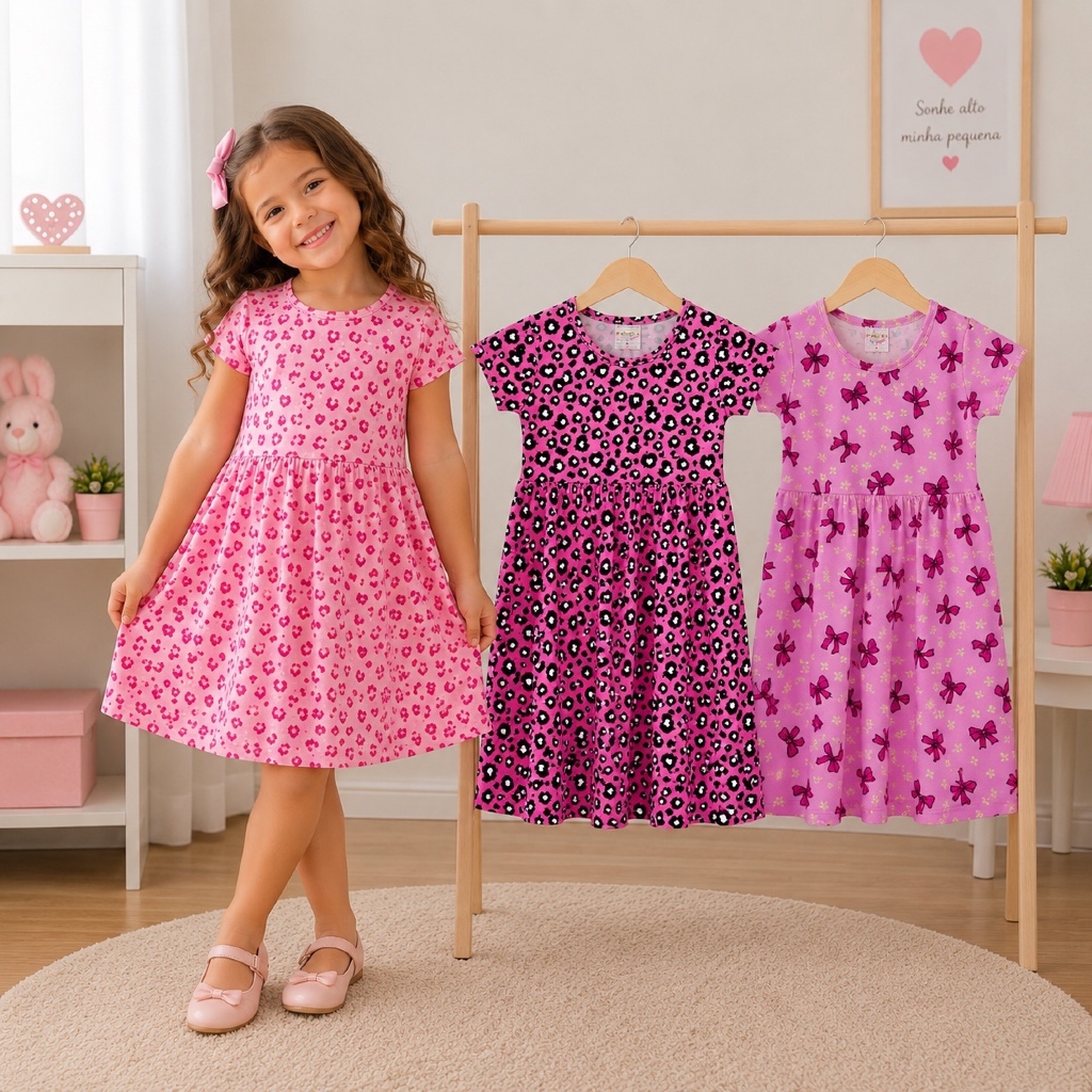 Kit 2 Vestidos Infantil Feminino Sortidos Manga Curta Estampados Algodão Moda Verão Menina | Tam 1 a 10 | REF 2405