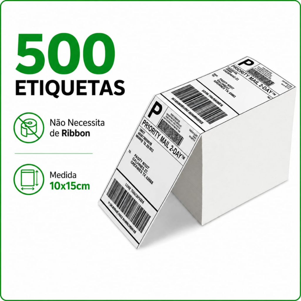 500 Etiquetas Térmica Adesiva Resma 10x15 E-commerce Envios Zebra Elgin Impressora Sem Ribbon