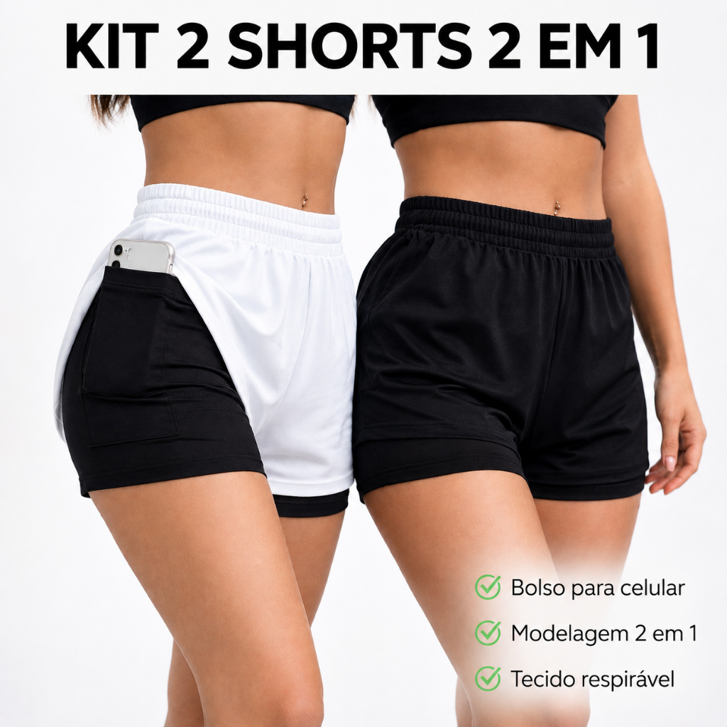 Kit 2 Shorts compressão 2 em 1 Feminino para academia caminhadas e corrida Fitness Bermuda Dry fit