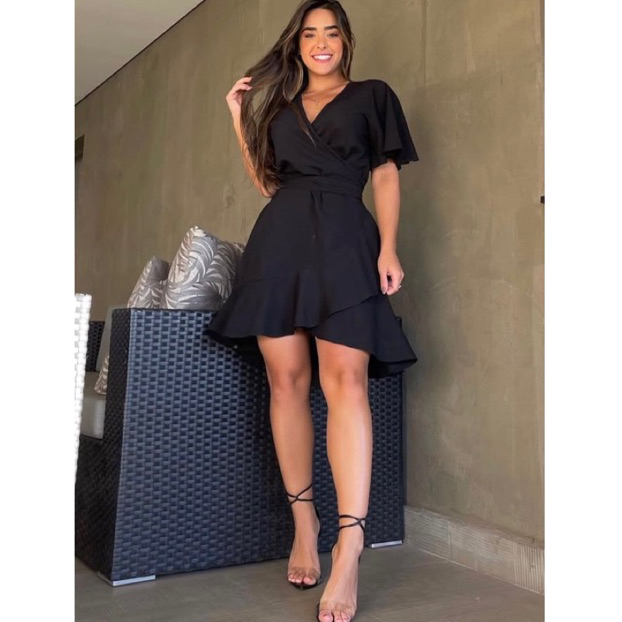 Vestido Envelope Transpassado Manga Morcego Soltinho com Amarração Casual