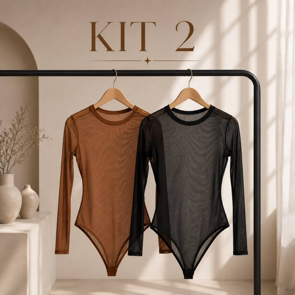 Body Tule Transparente Feminino Manga Longa Gola Redonda Premium Sexy Elegante Ajusta ao Corpo Festa Balada Moda 2026
