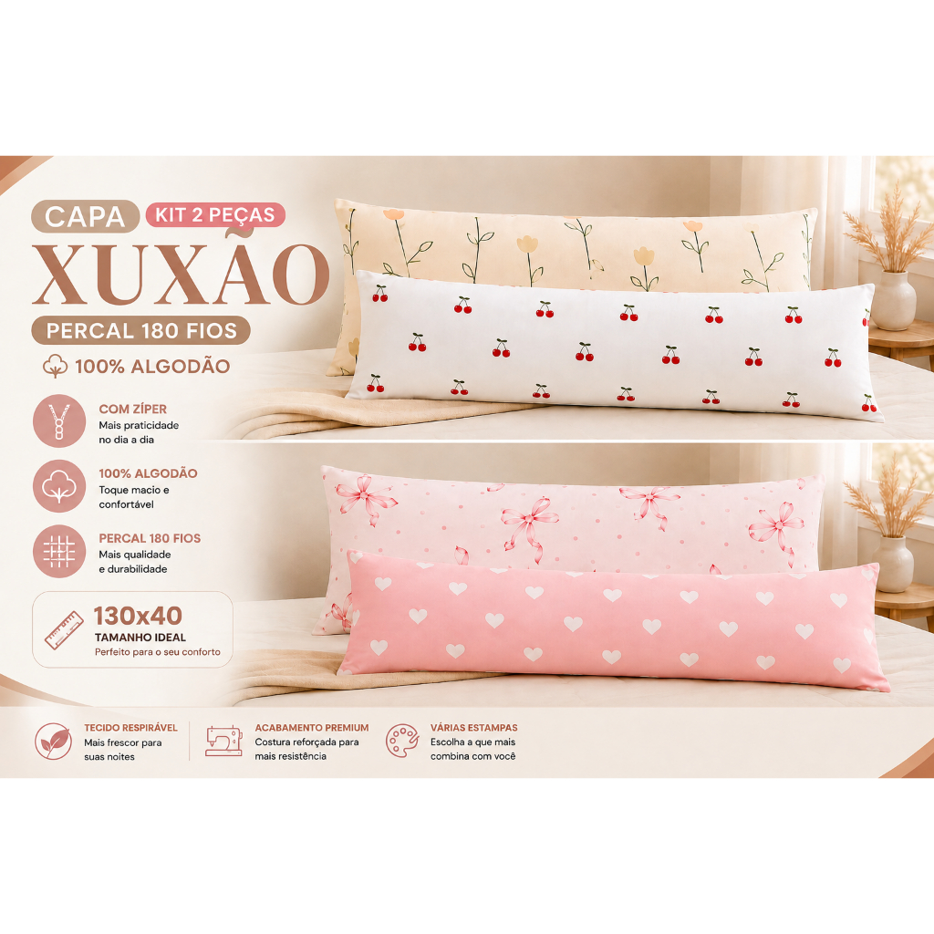 Kit 2 Fronhas Xuxão  Com Zíper, 100% Algodão,Travesseiro de Corpo e Gestante, Escolha suas Estampas!