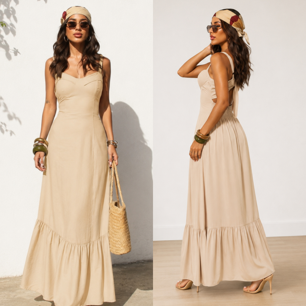 VESTIDO LONGO E TEM BOJO ALÇA REGULAGEM AMARRAÇAO E LASTEX NAS COSTAS TEÇIDO SENSORIAL MODA FEMININO