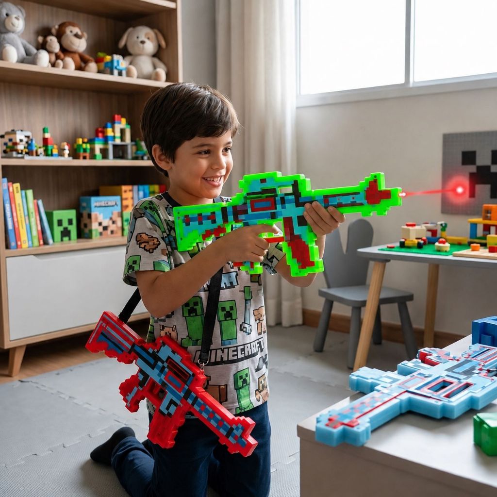 Arminha Minecraft Brinquedo Laser Luzes Sons Pilhas Interativo Bandoleira Infantil Divertido Temático Educacional Pixel