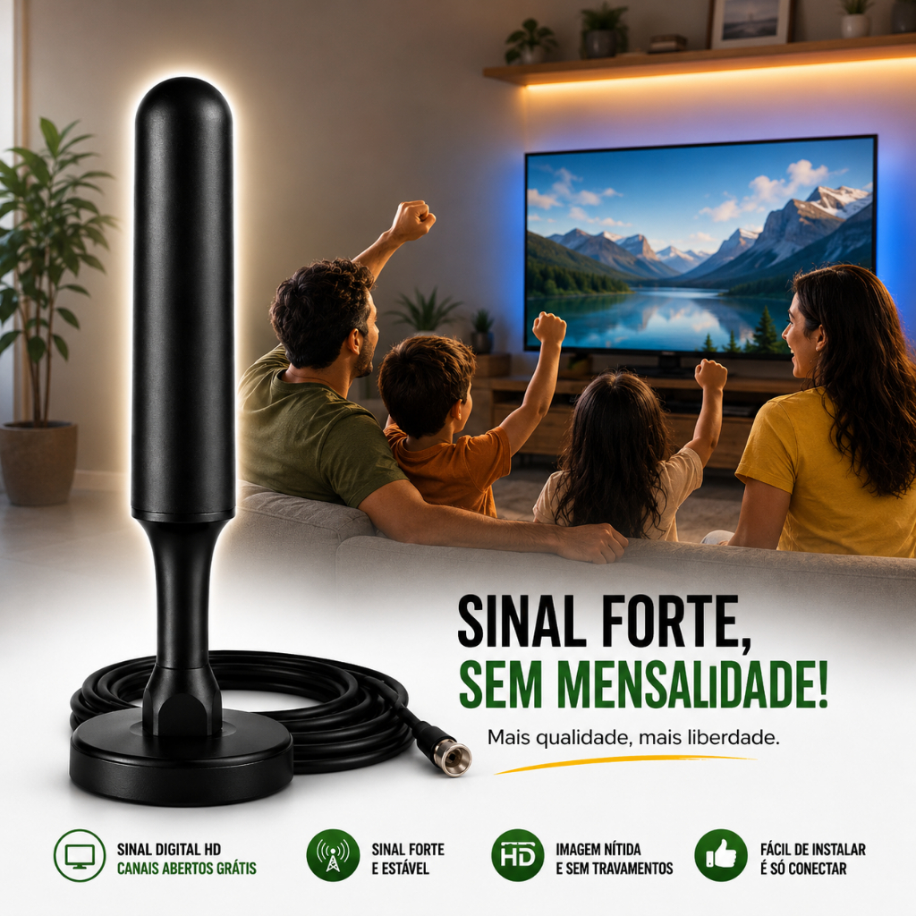 Antena Premium TV Digital Interna e externa 5m Cabo Longo HDTV 4K Full HD UHF VHF Sinal Forte Canais Abertos.