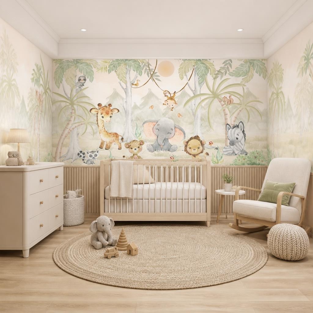 papel de parede floresta com animais safari infantil com meia parede de ripado marrom