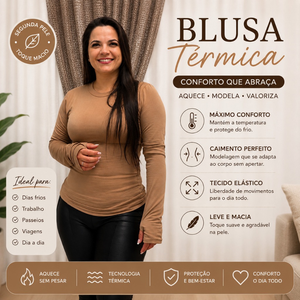 Blusa Térmica Feminina Manga Longa Proteção UV Peluciada Inverno Para Inverno