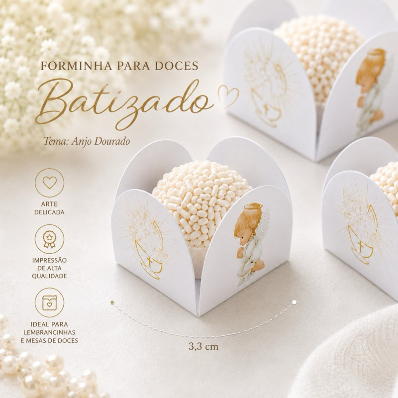 Forminhas de doces Batizado Anjinho Dourado - Anjo - Branco