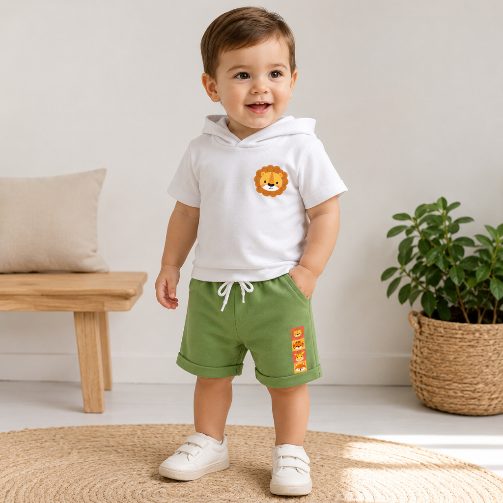 Conjunto Bebê Menino Verão Camiseta com Capuz e Bermuda Algodão Roupa de Passeio Menino do P ao 02