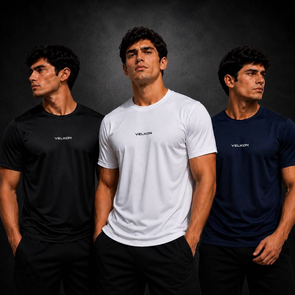 Kit 3 Camisetas Dry Fit Masculina VELKON Lisa Manga Curta Furadinha Academia Treino Corrida Esportiva Leve Respirável