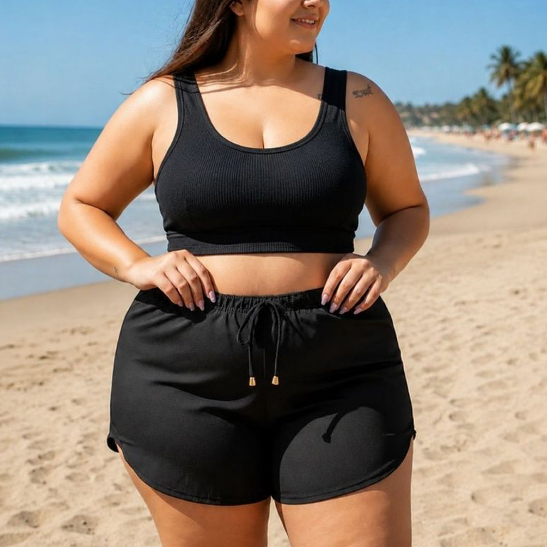 Short Praia Feminino Plus Size Piscina Bermuda Tactel Elastano Soltinha