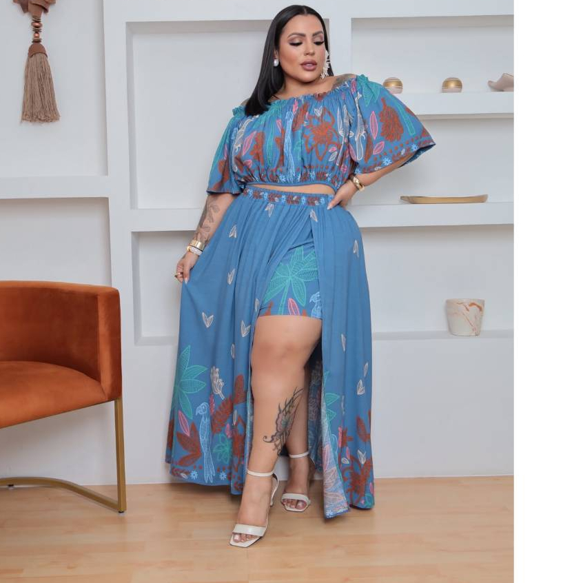 Conjunto Feminino Viscolinho Estampado – Cropped Ombro a Ombro + Saia Longa com Fenda | Elegante e Confortável