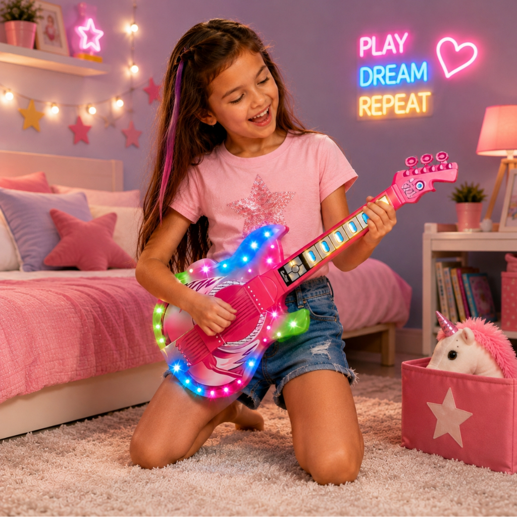 Brinquedo Guitarra Musical Infantil Rosa Com Sons e Luzes Led Interativa Para Cr