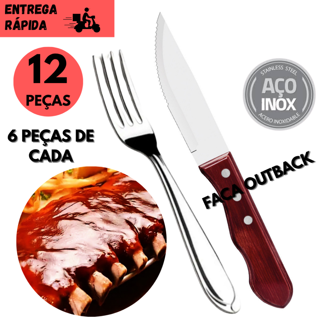 Kits 4/8 ou 12 Facas Wooden Classic p/ Churrasco + Garfo Inox ou Cabo de Madeira Tradicional