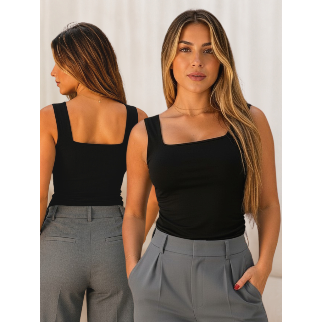 Blusa Blusinha Regata Feminina Decote Quadrado Suplex Premium Tecido Duplo Forrada Sem Transparência