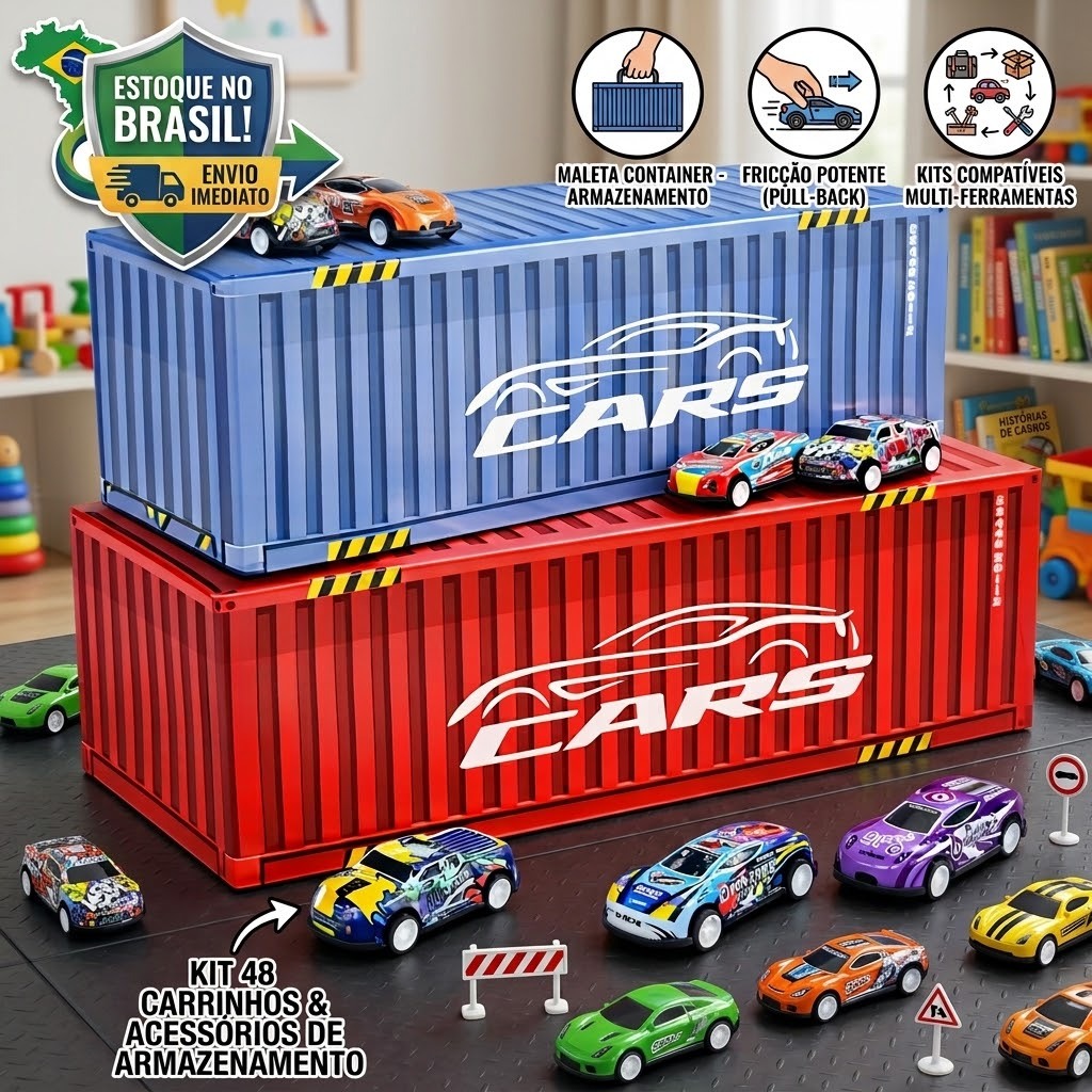 Kit 48 Carrinhos Fricção Maleta Container Pista Corrida Brinquedo Carro Estoque No Brasil Envio Imediato