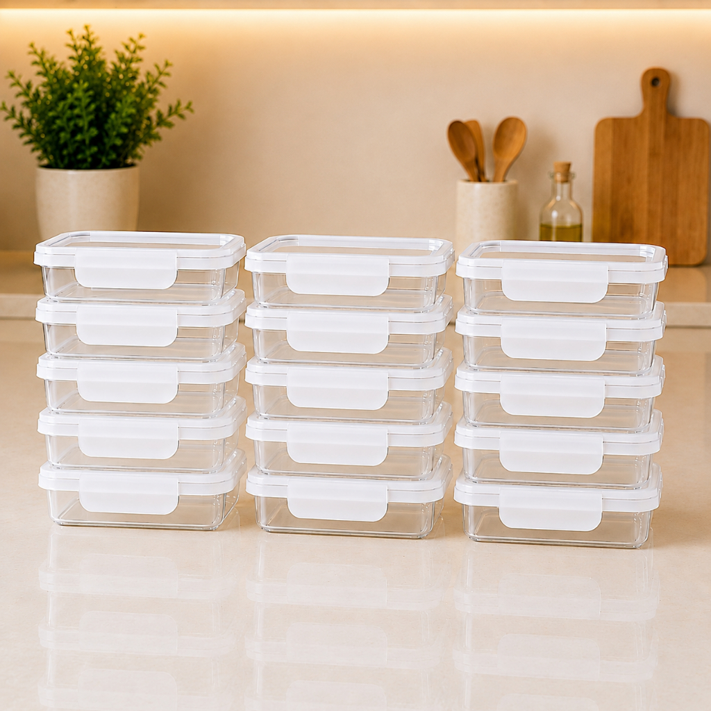 Kit 15 Potes Marmita Fit 700ML Retangular Com Trava Jogo de Potes Livres de BPA Cozinha Casa