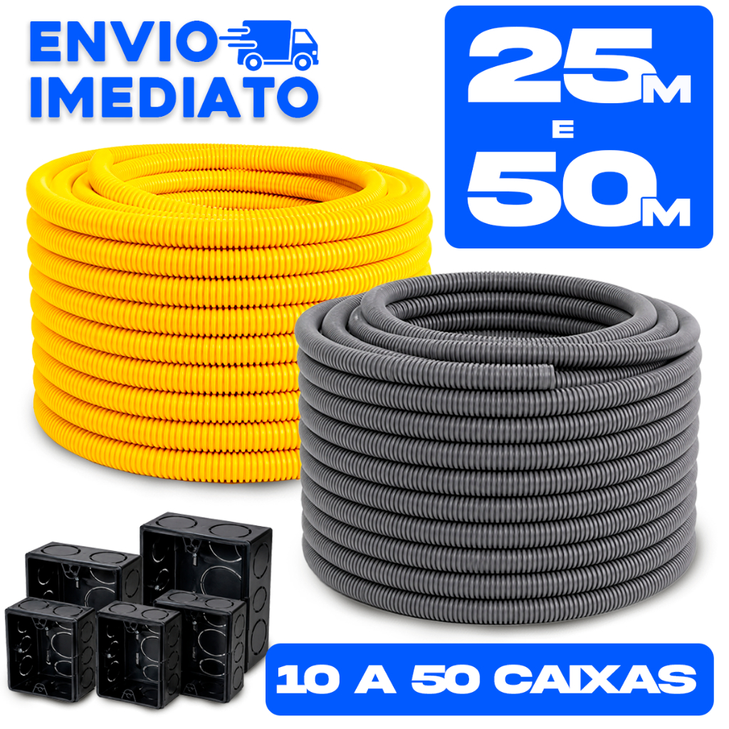 Conduite Corrugado Eletroduto Flexível PVC 3/4 25 á 50 Metros 10 á 50 Caixas 4x2 Rolo Reforçado