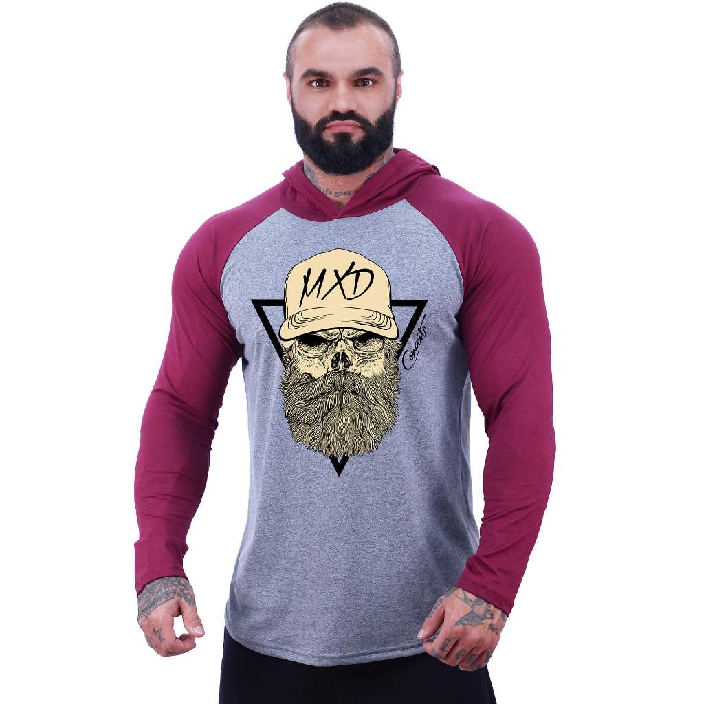 Camiseta Manga Longa Longline Com Touca MXD Conceito Caveiras Workout Academia Lazer