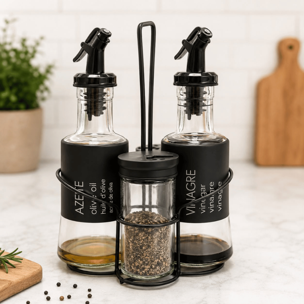 Galheteiro de Vidro c/ Suporte de Metal Porta Azeite Vinagre Tempero 4 Pçs Bico Dosador Super Oferta