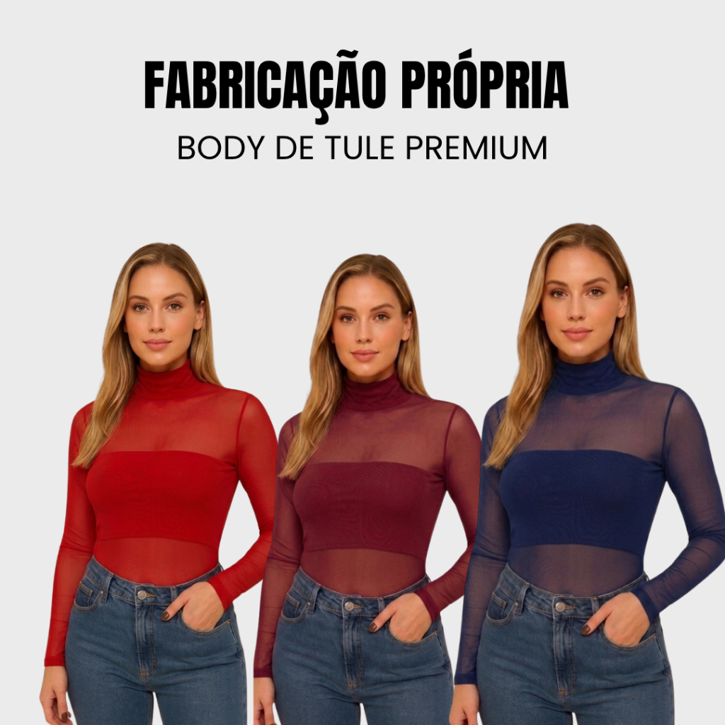 Body de tule cereja manga longa com gola dupla transparente de qualidade Fabricação no Brasil