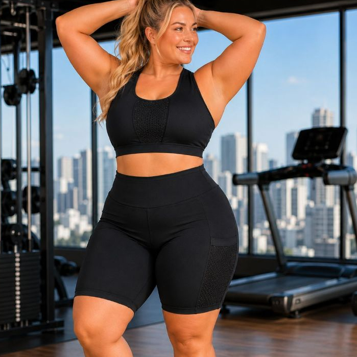 Conjunto Fitness Academia Short E Top Com Bojo Plus Size Suplex Premium Reforçado