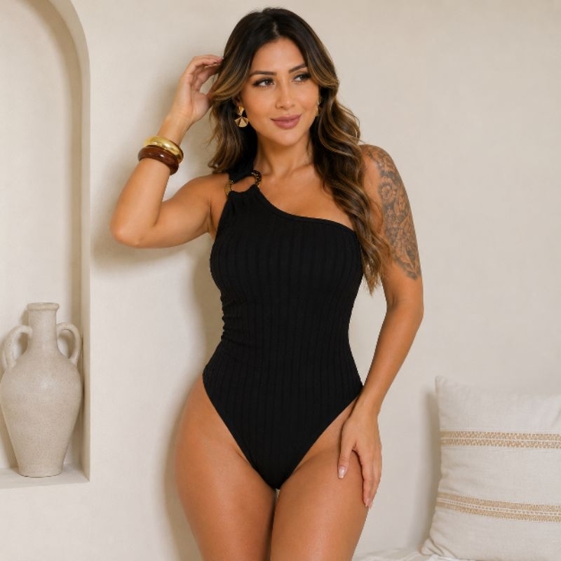 Body Feminino Canelado Bubble Premium com Bojo e Argola Dourada  Tamanho Único Moda Casual