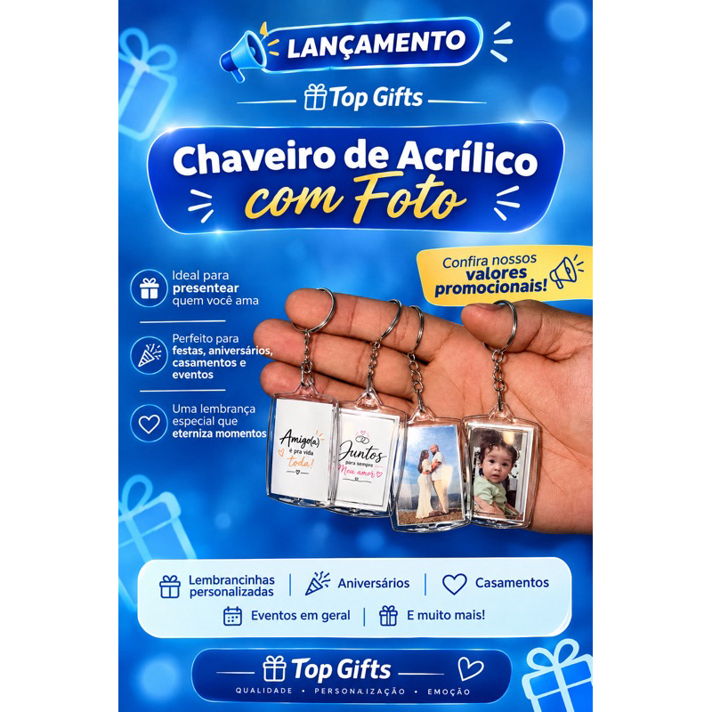 Chaveiro de Acrílico Personalizado com Foto 3x4,5cm | Lembrancinha para Aniversário e Eventos e etc