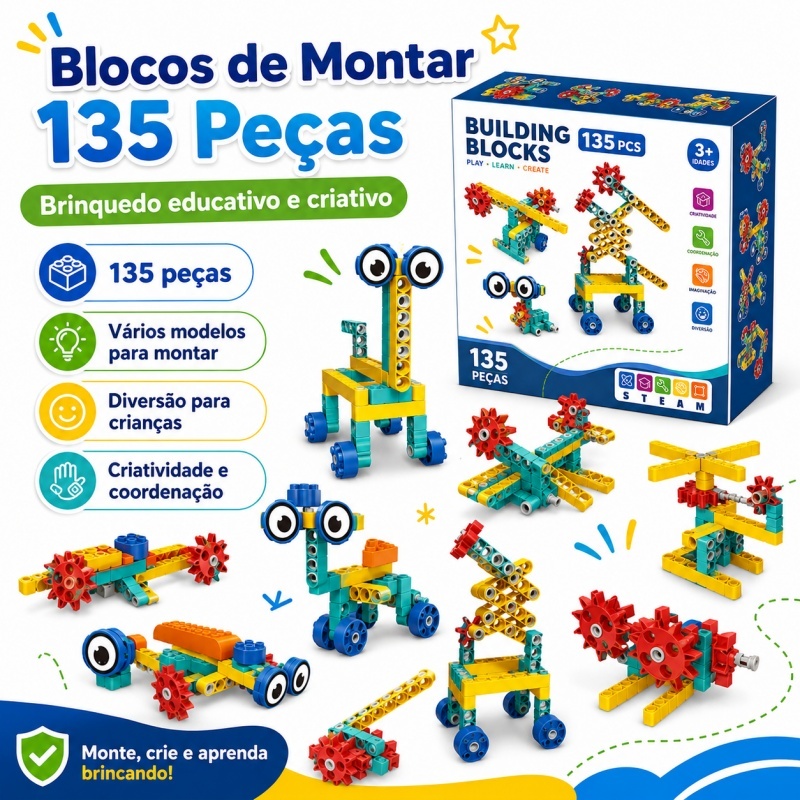 Blocos de Construção Técnica Infantil 135 Peças STEM DIY Educativo Motor Engrenagens Criatividade