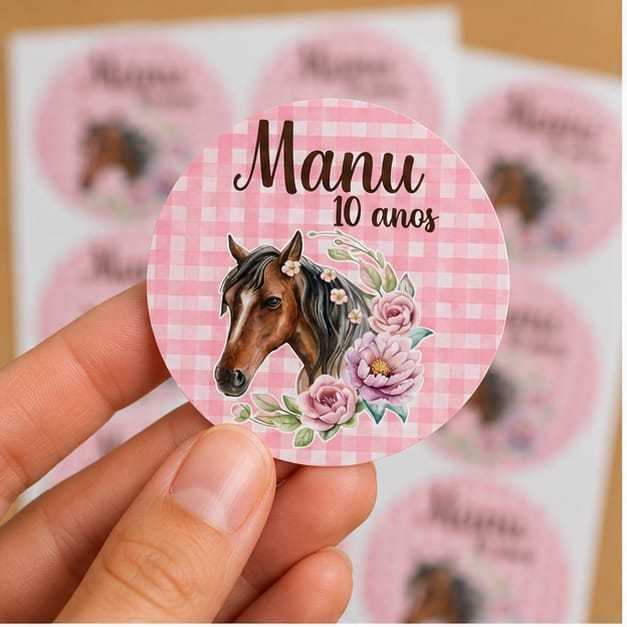 Adesivos Redondo Cavalo boiadeira cowgirl Personalizado para Festa Infantil 6x6 cm  Lembrancinhas Caixinha Decoração.