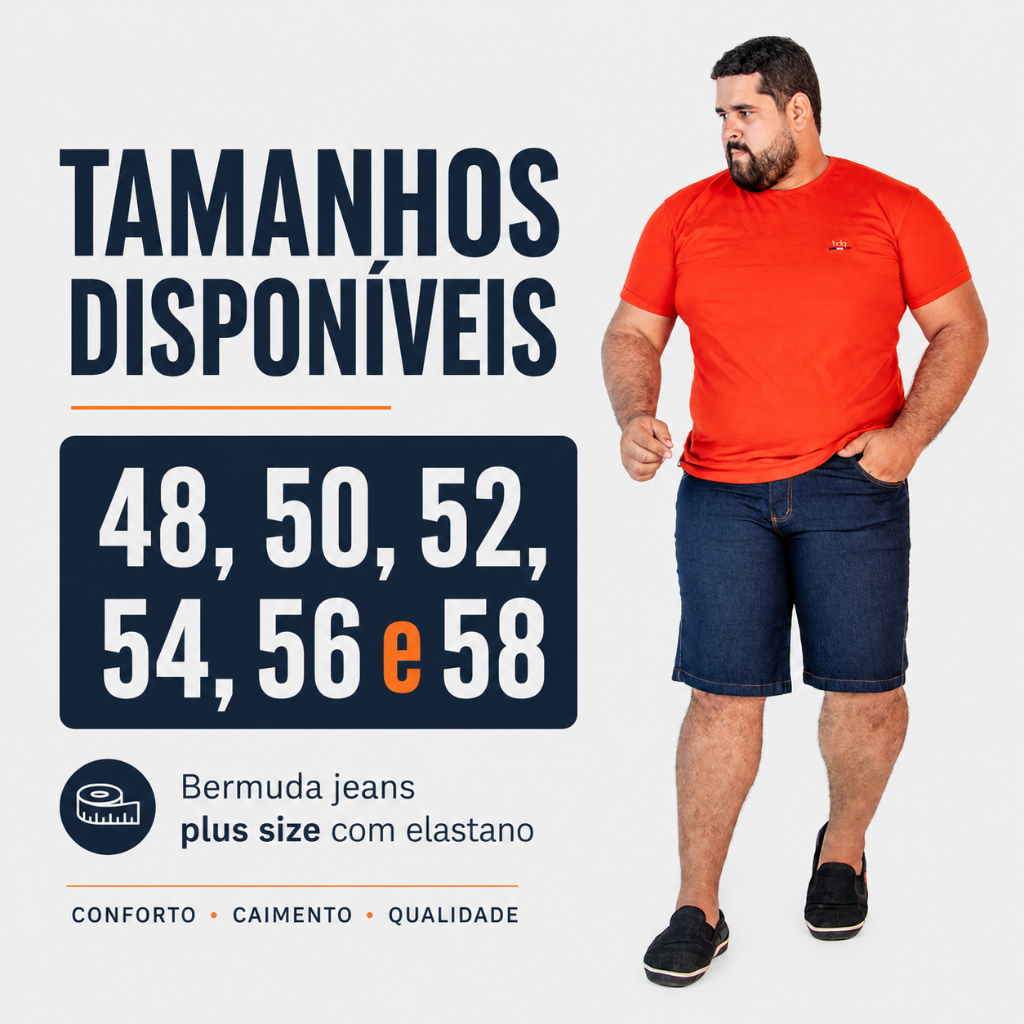 BERMUDA SHORT JEANS PLUS SIZE MASCULINO TAMANHO GRANDE DO 48 AO 58 COM ELASTANO CONFORTAVEL COSTURA REFOÇADA BASICO