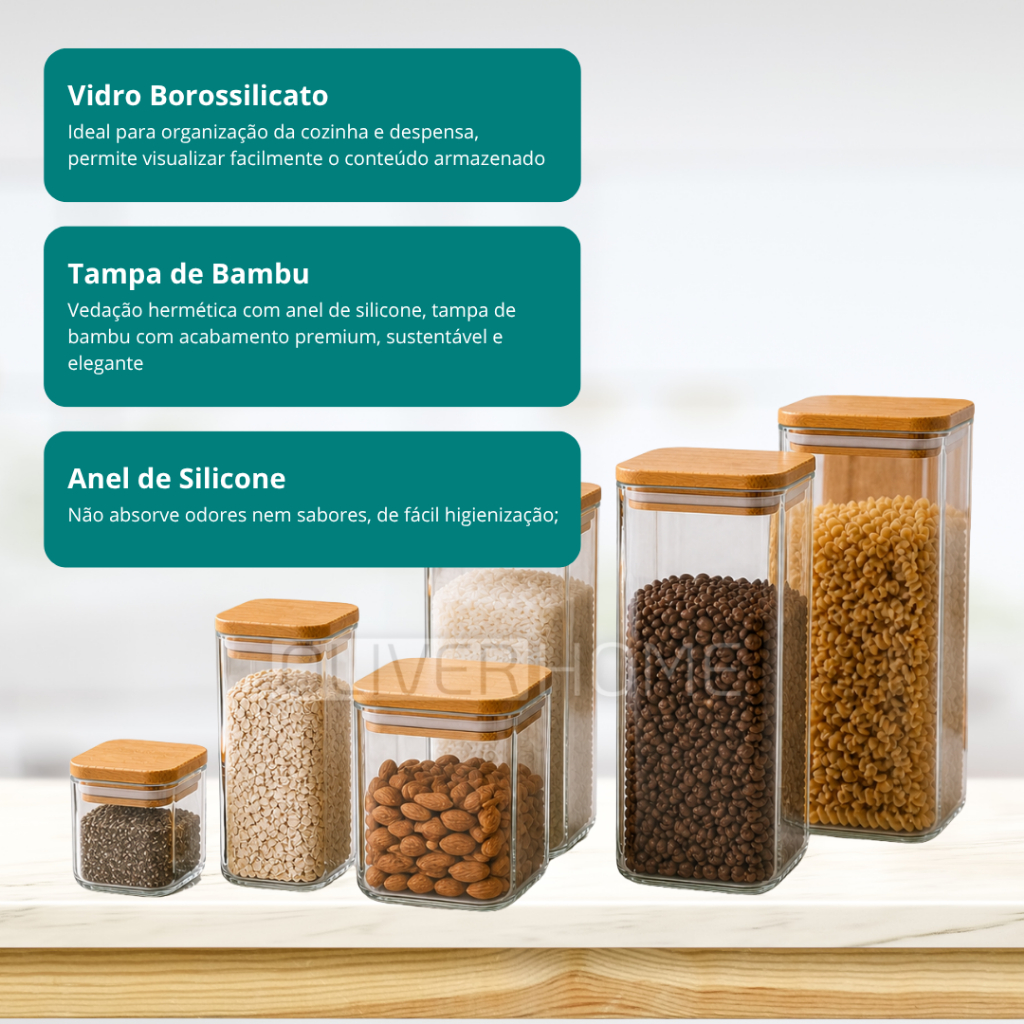 Kit 6 Potes Hermético 200/300/500/700/1100/1500ml De Mantimentos Quadrado Com Tampa Bambu — imagem 2 de 2