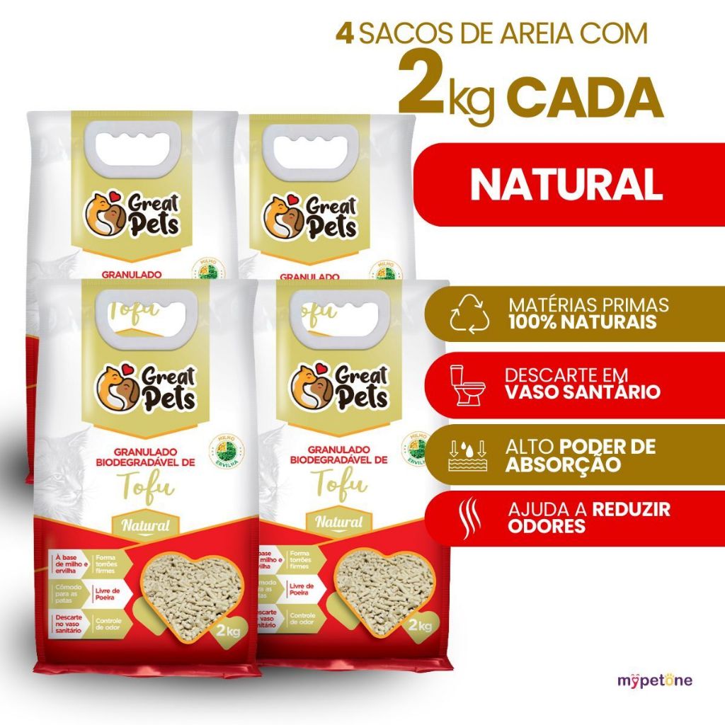 Areia Gatos Tofu 8kg Granulado Biodegradável Higiênico Natural Great Pets